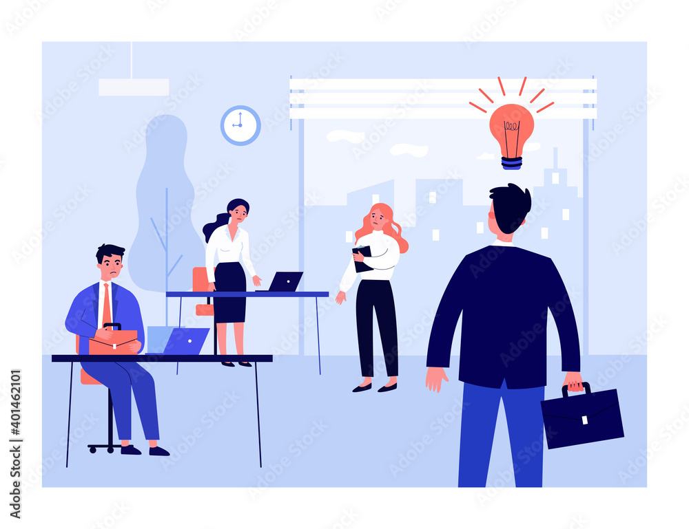Businessman sharing idea with sad colleagues. Bulb, office, job flat illustration. Workplace and business concept for banner, website design or landing web page