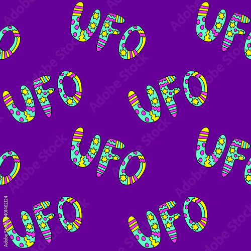 Vector color seamless pattern with the word UFO. Background and texture on the theme of space, UFOlogy, flying saucers, conspiracy