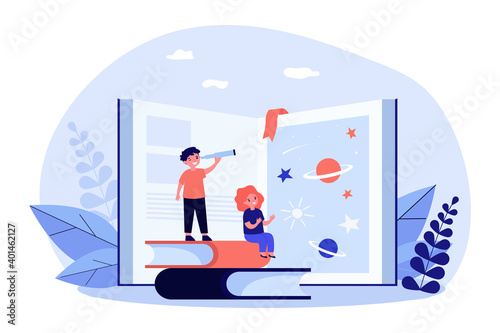 Tiny kids exploring universe with help of book. Adventure, planet, star flat vector illustration. Reading and education concept for banner, website design or landing web page