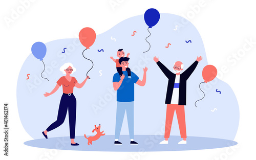 Happy characters celebrating party with grandparents. Balloon, kid, happiness flat vector illustration. Celebration and family concept for banner, website design or landing web page