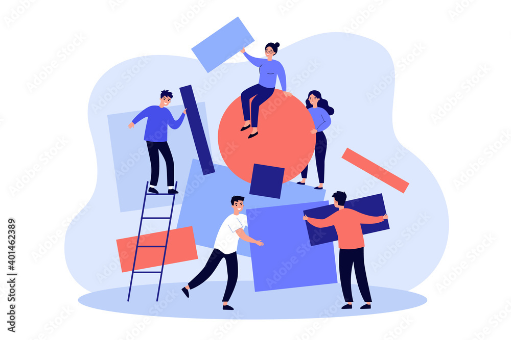 Team working together on abstract idea. People carrying subjects of different shapes and putting together geometrical puzzle. Vector illustration for chaos, teamwork, failure arranging concepts