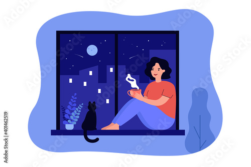 Happy girl sitting at window near cat and drinking hot beverage. Woman enjoying tea or coffee at night. Vector illustration for pet, cozy home, hygge concepts