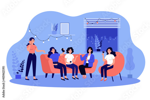 Cheerful girlfriends gathering at home, sitting on couch, chatting, drinking wine, taking selfie. Vector illustration for home party, friendship, communication, celebration concepts