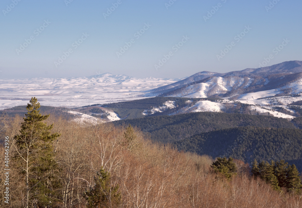 Foothills of Altai in winter in Belokurikha