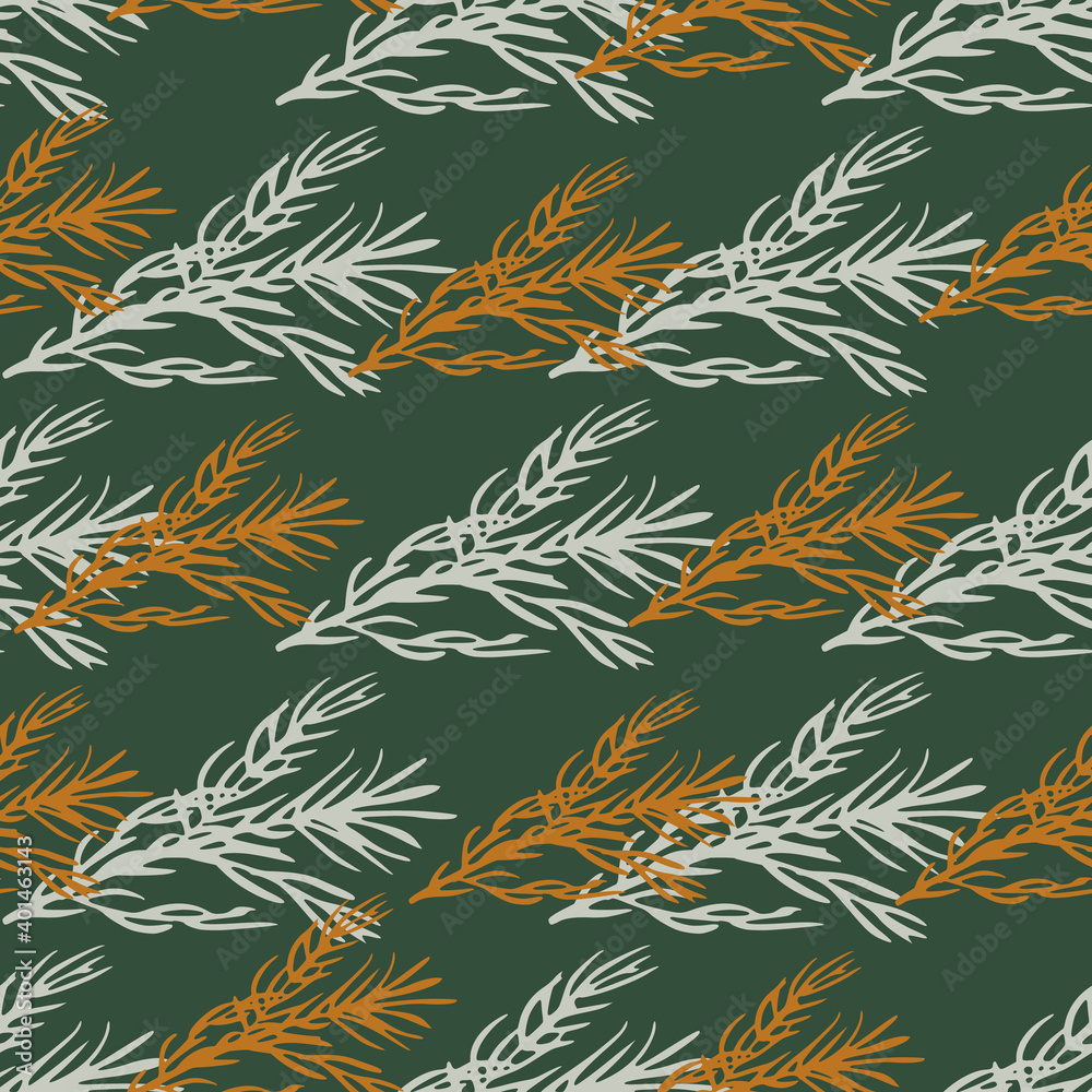 White and orange colored rosemary seamless pattern. Dark green background. Cartoon herb print.