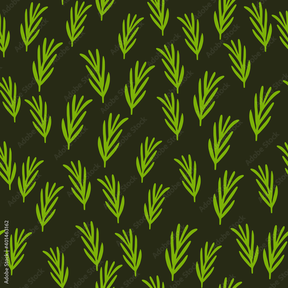 Cartoon seamless herbal pattern with green rosemary ornament. Dark background. Cartoon seamless herbal pattern with green rosemary ornament. Dark background.