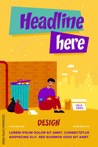 Homeless poor man sitting at street near box isolated flat vector illustration. Cartoon desperate, dirty and hungry person near trash. Charity and need concept