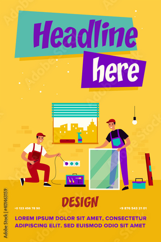 Happy repairmen doing renovation at home flat vector illustration. Cartoon workers repairing window and electricity in building. Room interior and design concept