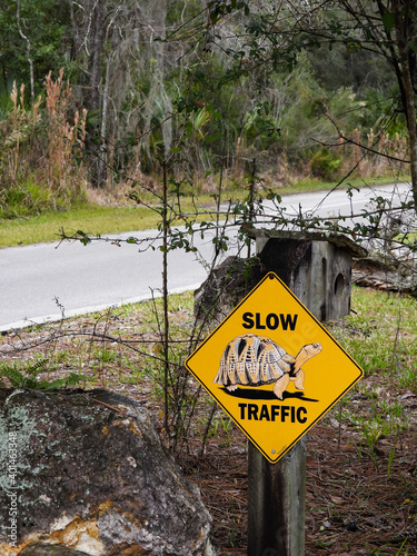 Slow Traffic (turtle) sign in yellow