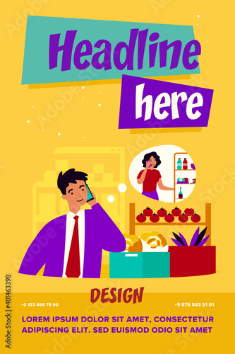 Customer having phone call in grocery store. Man consulting his wife while buying food in supermarket, asking her to check fridge. Vector illustration for food shopping or communication concept