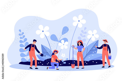 Group of people with tools working in garden. Gardeners planting and watering flowers in spring. Vector illustration for working outdoors, gardening job, springtime concepts
