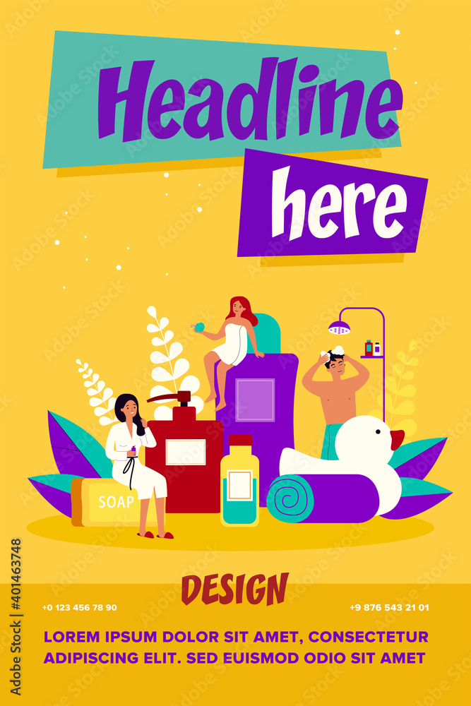 Bathroom and spa procedures concept. People taking shower, using soap, shampoo bottles, sponge. Vector illustration for hygiene, daily routine, cosmetics topics Bathroom and spa procedures concept. People taking shower, using soap, shampoo bottles, sponge. Vector illustration for hygiene, daily routine, cosmetics topics