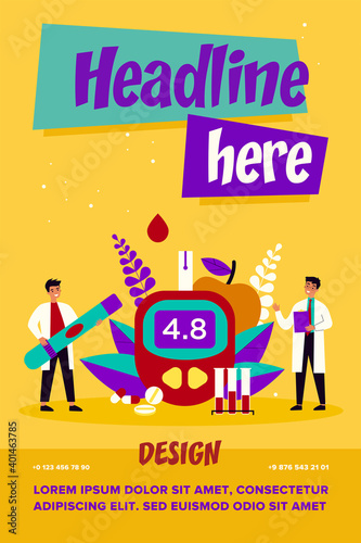 Glucose level and diabetes concept. Doctors with glucometer and lab tubes checking blood for sugar. Vector illustration for health, medical test, hypoglycemia topics