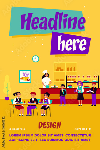 Children having lunch in school canteen. Boys and girls in uniforms eating in cafeteria or dining hall. Vector illustration for food, school kitchen, catering, service concept