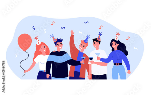 Happy friends celebrating and drinking wine. Glass, cap, party flat vector illustration. Celebration and entertainment concept for banner, website design or landing web page