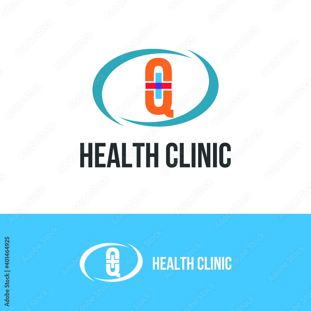 Initial letter Q with medical cross icon and loop care symbol for healthy hospital medicine logo design concept vector Initial letter Q with medical cross icon and loop care symbol for healthy hospital medicine logo design concept vector