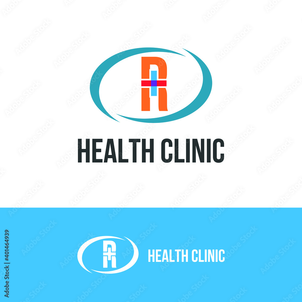 Initial letter R with medical cross icon and loop care symbol for healthy hospital medicine logo design concept vector Initial letter R with medical cross icon and loop care symbol for healthy hospital medicine logo design concept vector
