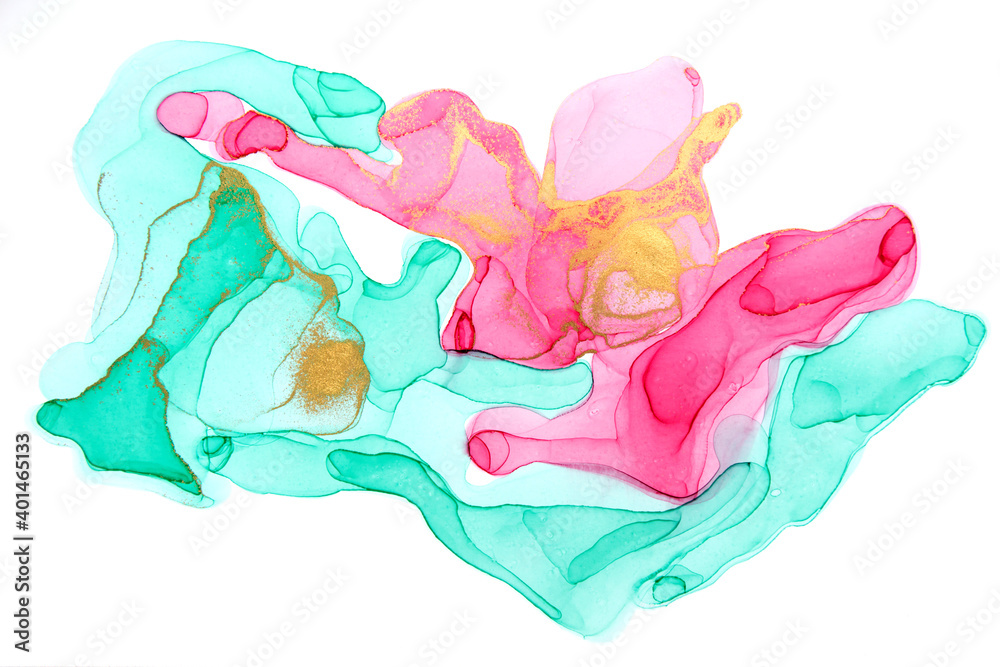 Pink and green watercolor figure with gold layers on white background. Abstract art illustration.