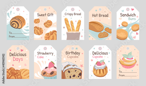 Bakery tags set. Loaves of bread, buns, cupcake, muffin, sandwich vector illustrations with text. Food, holiday and dessert concept for labels, flyers and postcards design