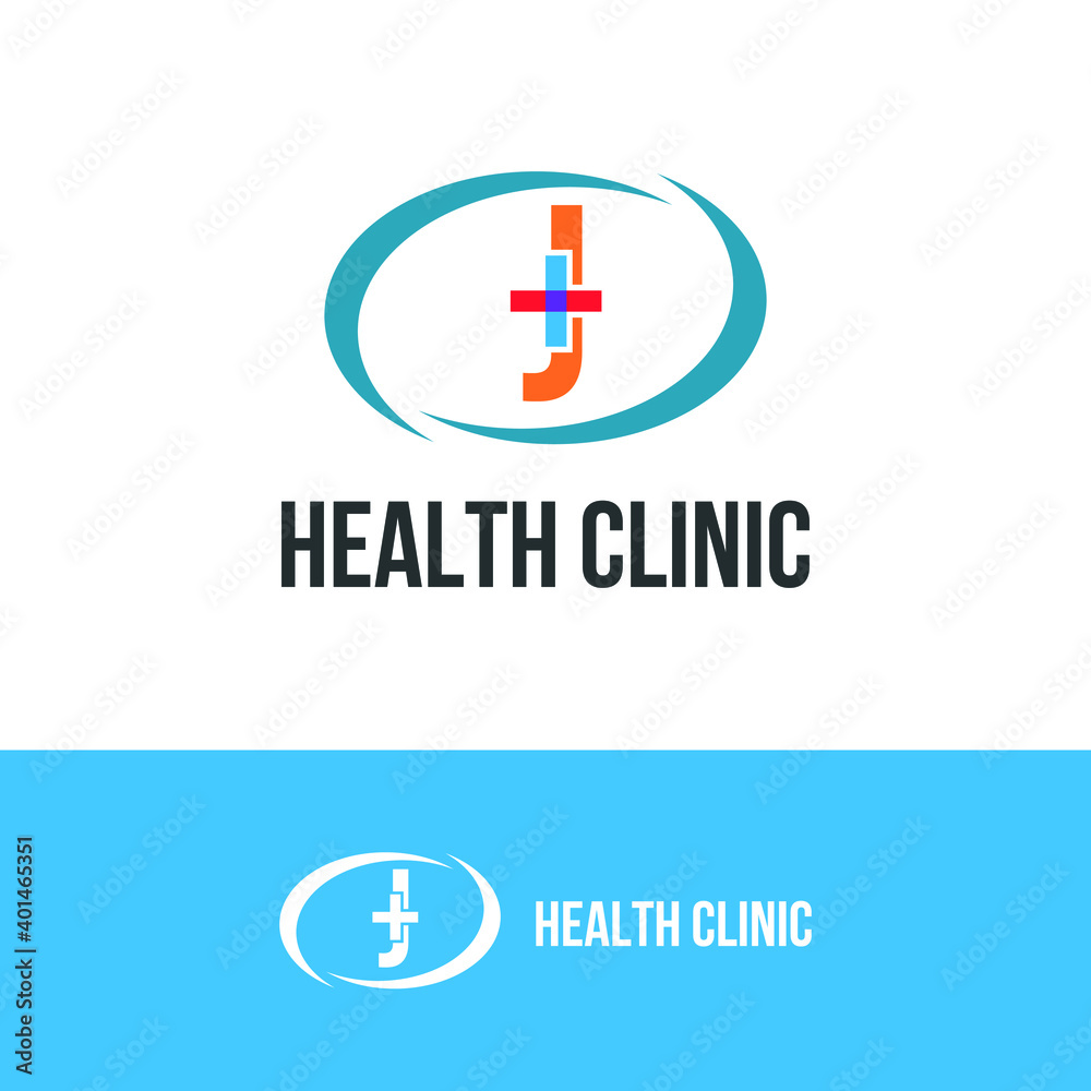 Initial letter J with medical cross icon and loop care symbol for healthy hospital medicine logo design concept vector