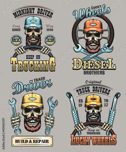 Lorry driver emblems set. Bearded skulls in caps holding steering wheel or spanners with keep on trucking or diesel brother text. Vector illustrations for shipping, trucker community concepts