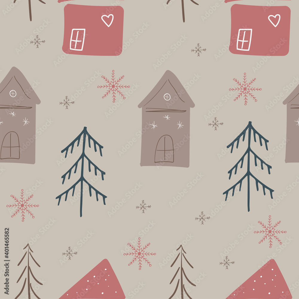 New Year seamless pattern with houses and Christmas trees