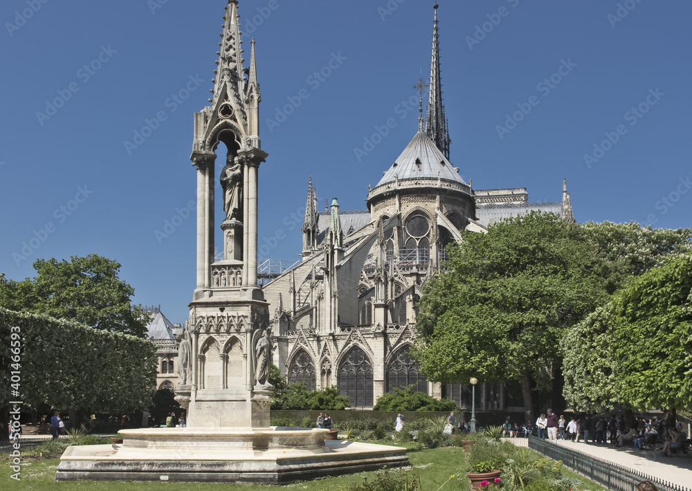 Fountain of our lady, Notre Dame Cathedral in Paris