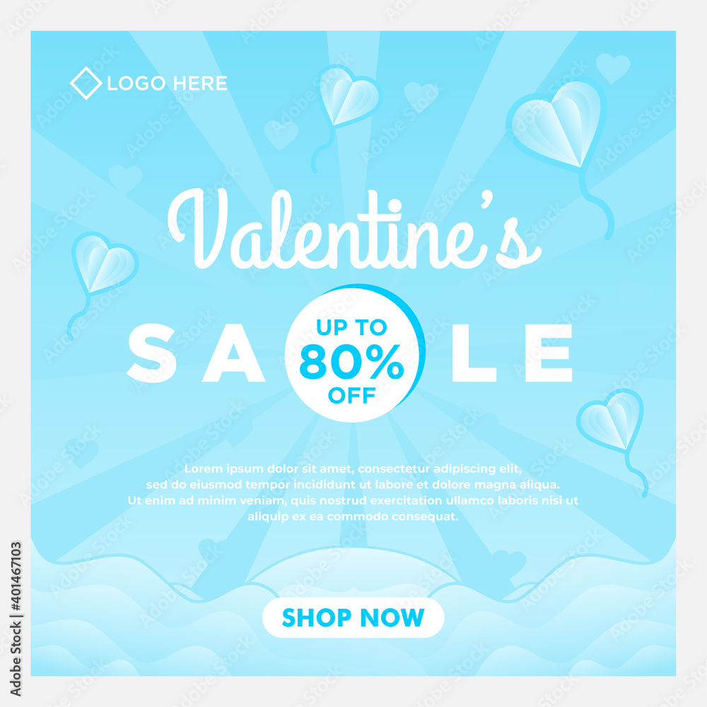 happy Valentine day sale social media template with blue background
