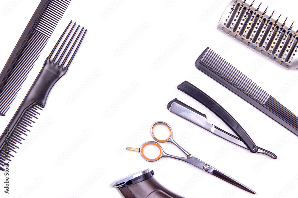 Fototapeta premium professional hairdressing tools laid out on the table top view
