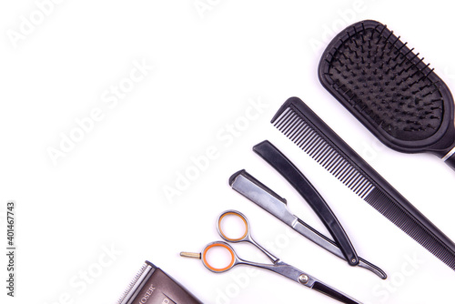 professional hairdressing tools laid out on the table top view