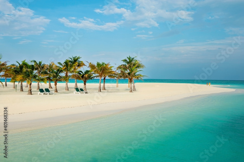 Beautiful ocean shore beach with white sand and palm trees. Turquoise and blue landscape