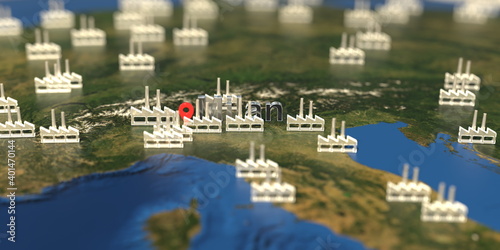 Factory icons near Milan city on the map, industrial production related 3D rendering