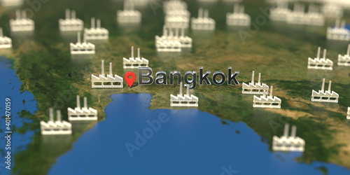 Factory icons near Bangkok city on the map, industrial production related 3D rendering