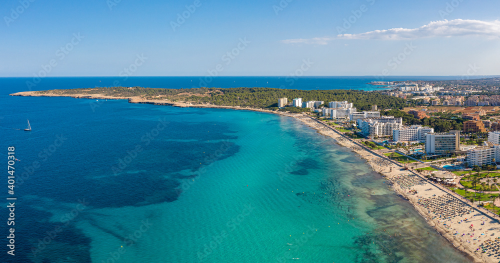 An aerial view on Cala Millor beach on a sunny day at Mallorca island in Spain