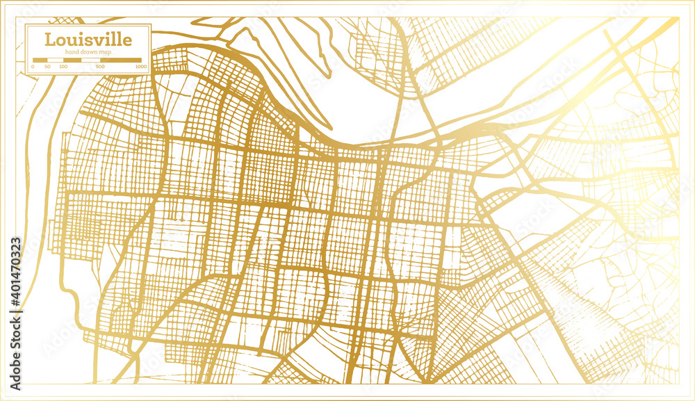 Louisville Kentucky USA City Map in Retro Style in Golden Color. Outline Map.