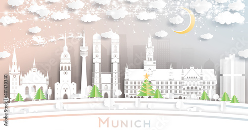 Munich Germany City Skyline in Paper Cut Style with Snowflakes, Moon and Neon Garland.