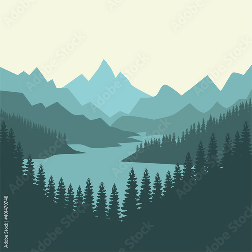 Blue panoramic valley pine woods