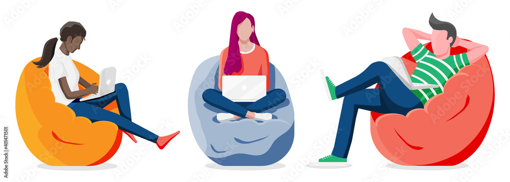 Happy male, female character working at laptop. Business people sitting in bean bag armchair. Group of freelancer in coworking space isolated. Shared workplace loft, beanbag. Flat vector illustration Happy male, female character working at laptop. Business people sitting in bean bag armchair. Group of freelancer in coworking space isolated. Shared workplace loft, beanbag. Flat vector illustration