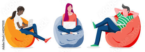 Happy male, female character working at laptop. Business people sitting in bean bag armchair. Group of freelancer in coworking space isolated. Shared workplace loft, beanbag. Flat vector illustration