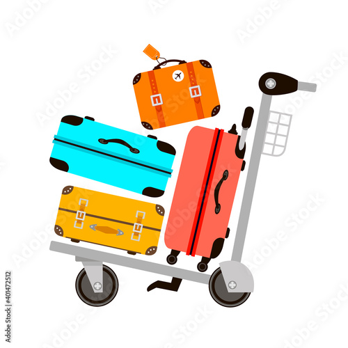 Suitcases on airport luggage trolley. Travel bag. Summer time. Holidays. Vacation trip. Rest
