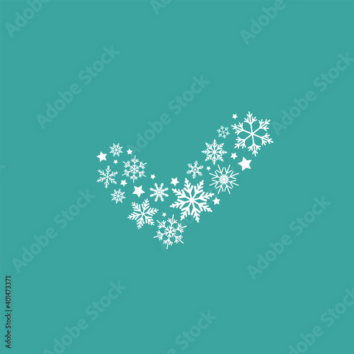 Check Mark made of snowflakes and stars. Christmas holiday valid Seal.