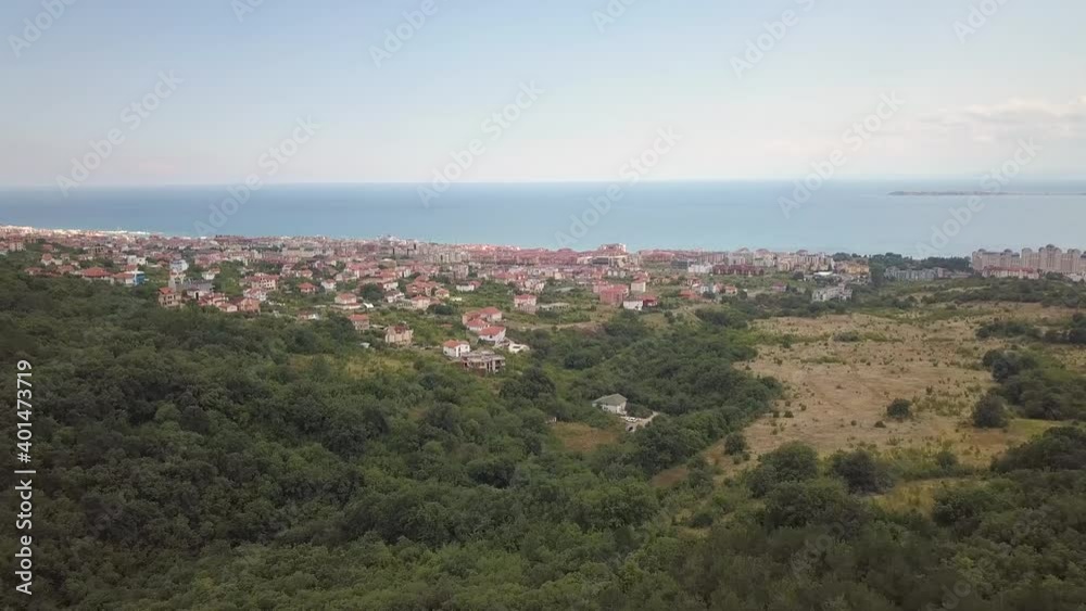 Aerial view of Sunny Beach city that is located on Black Sea shore. Top view of sand beaches with many hotel buildings and tourist infrastructure.
