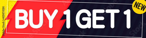 Buy 1 Get 1 Free, sale web banner design template, discount horizontal poster, vector illustration