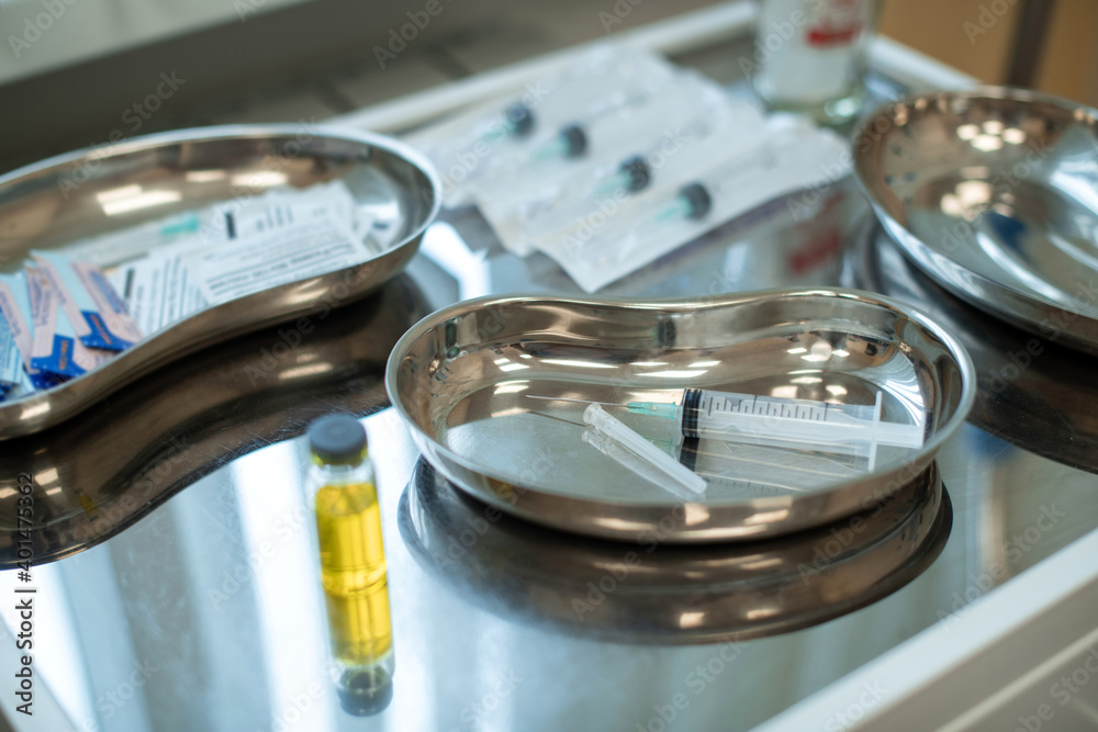 Medical supplies. Vaccination and injection. Syringe and ampoule