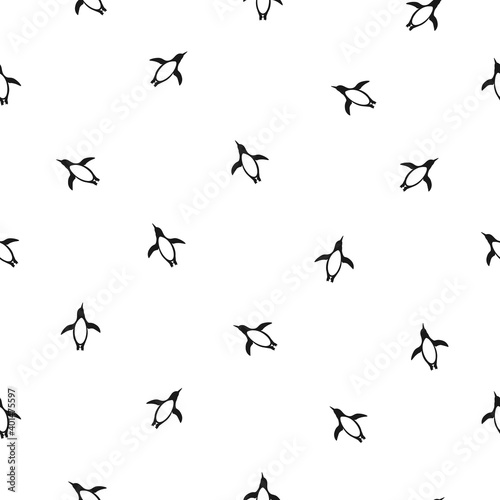 seamless pattern with swimmimg antarctic penguins. black ornament on white.