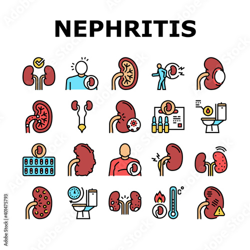 Nephritis Kidneys Collection Icons Set Vector. Kidneys Stones And Infection, Cancer And Cyst, Bloody Urine And Frequent Urination Concept Linear Pictograms. Contour Color Illustrations