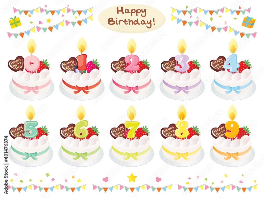 生クリームのお誕生日ケーキと数字の蝋燭のセットイラスト Stock Vector Adobe Stock