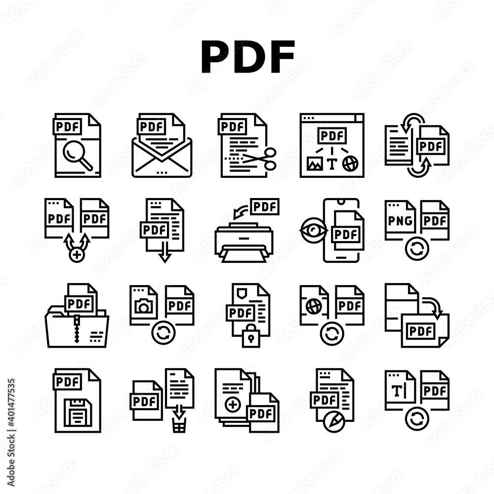 Pdf Electronic File Collection Icons Set Vector. Pdf Document Format Cut And Archiving, Locked And Editing, Download And Save Black Contour Illustrations
