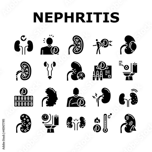 Nephritis Kidneys Collection Icons Set Vector. Kidneys Stones And Infection, Cancer And Cyst, Bloody Urine And Frequent Urination Glyph Pictograms Black Illustrations