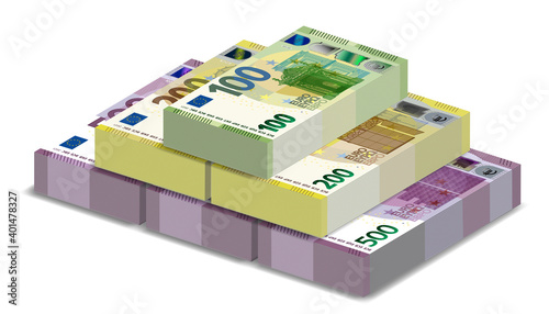 3D bundles of paper money stacked in a pyramid. Banknotes of the European Union, 100, 200 and 500 European notes. A total of 2000 euros with shadows on a white background. EPS10